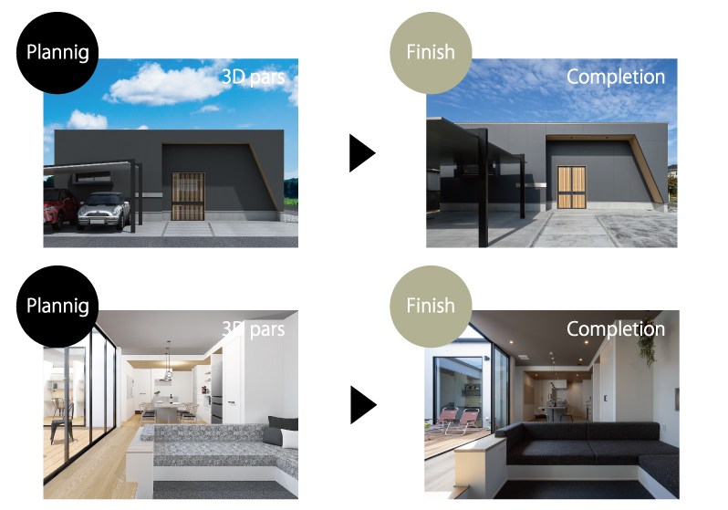 理想的なコンパクト平屋住宅の3Dパース|岡山・倉敷で建てるおしゃれな注文住宅【意匠堂】