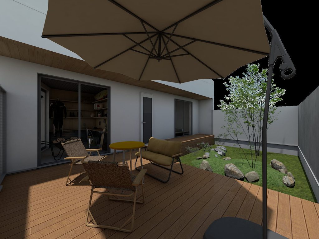 暮らしを楽しむ理想の平屋｜間取り・ウッドデッキパース｜岡山・倉敷でおしゃれな注文住宅を手がける工務店【意匠堂】