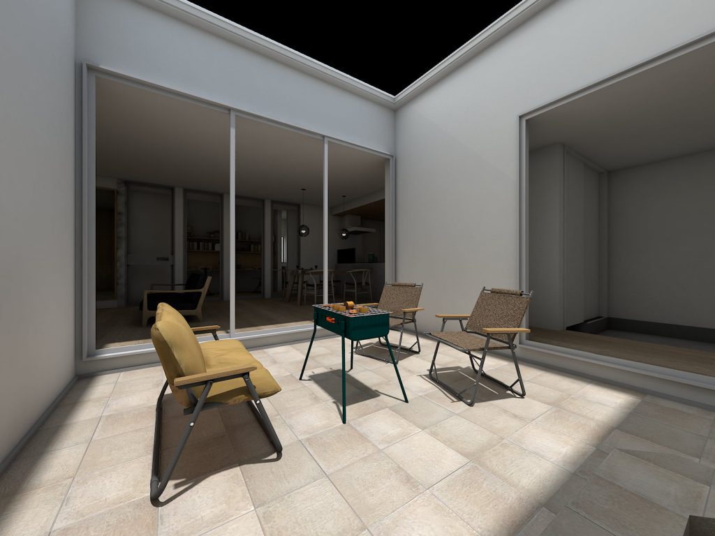 暮らしを楽しむ理想の平屋｜間取り・中庭パース｜岡山・倉敷でおしゃれな注文住宅を手がける工務店【意匠堂】